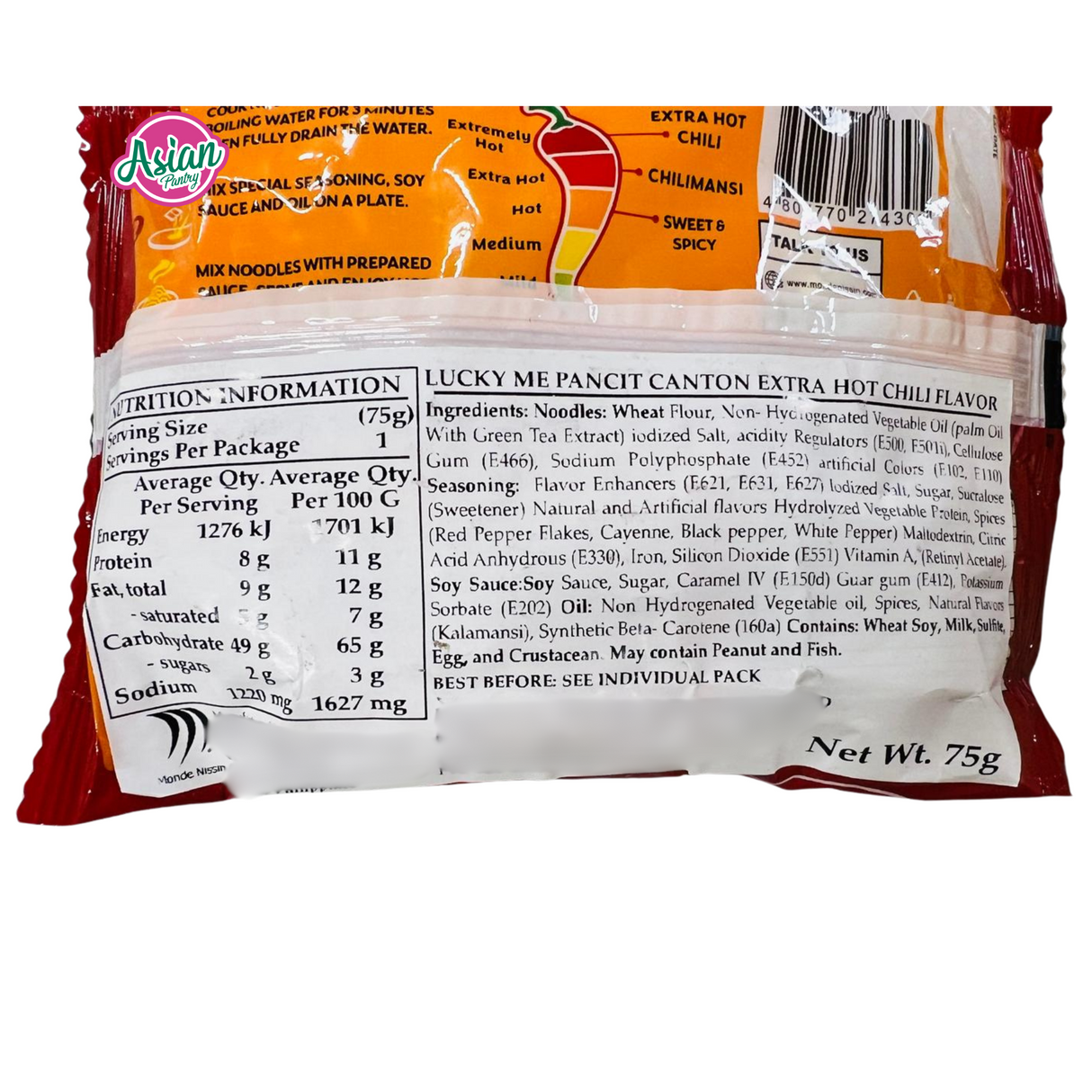 Lucky Me! Pancit Canton Extra Hot Chilli Instant Stir-Fried Noodle 75g - Back