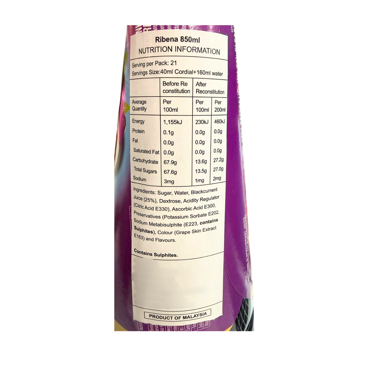 Ribena Blackcurrant Fruit Cordial Drink 850ml