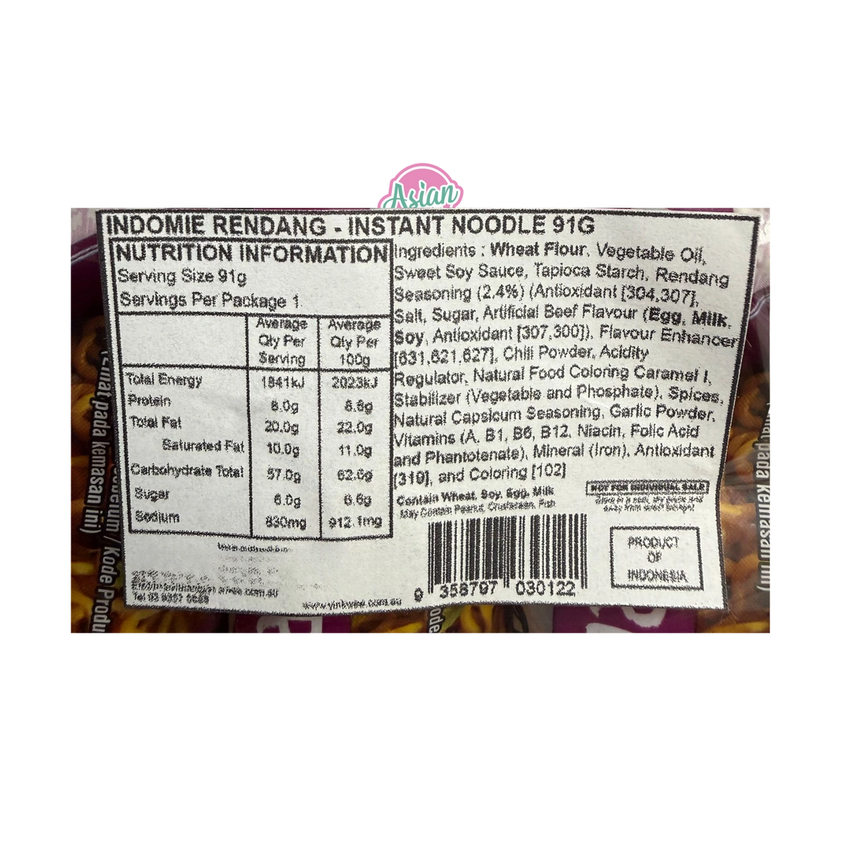 Indomie Rendang Instant Noodle 91g