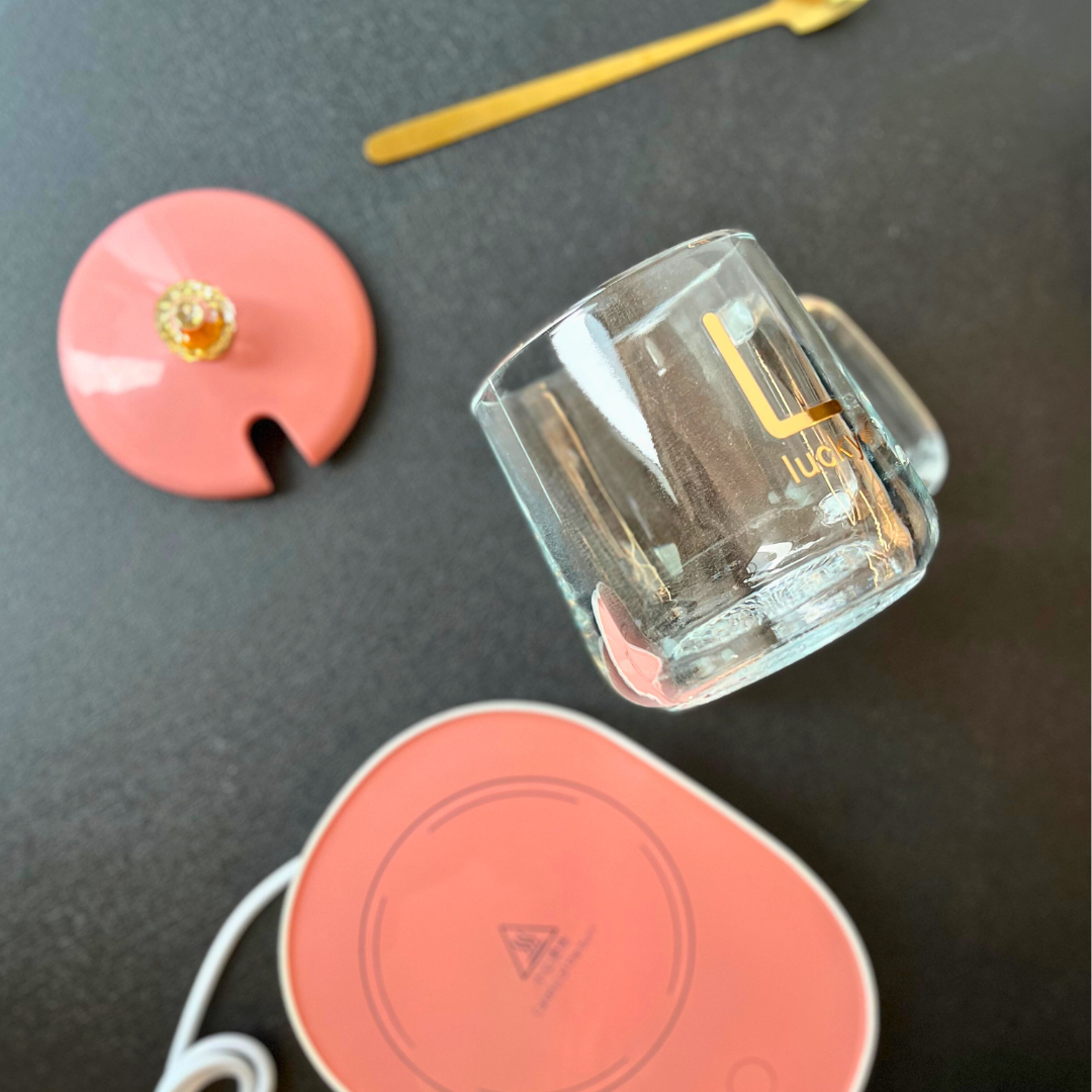 Set Hadiah Mewah Bertuah Pemanas Cawan Kopi - Merah Jambu