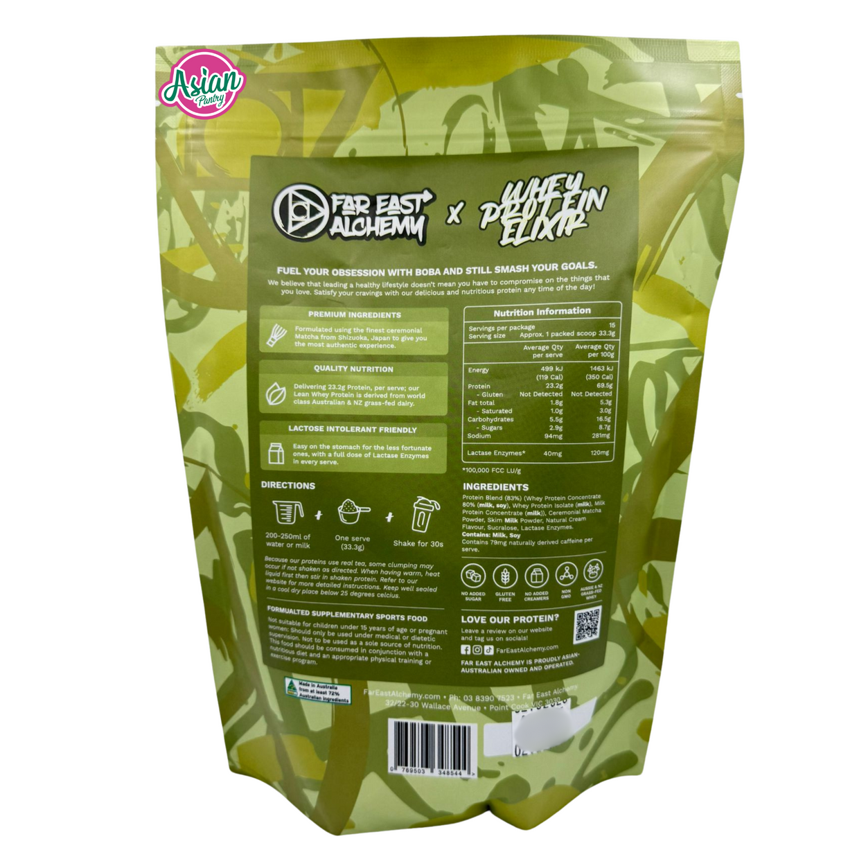 Far East Alchemy Whey Protein Elixir Matcha Latte 500g - Back