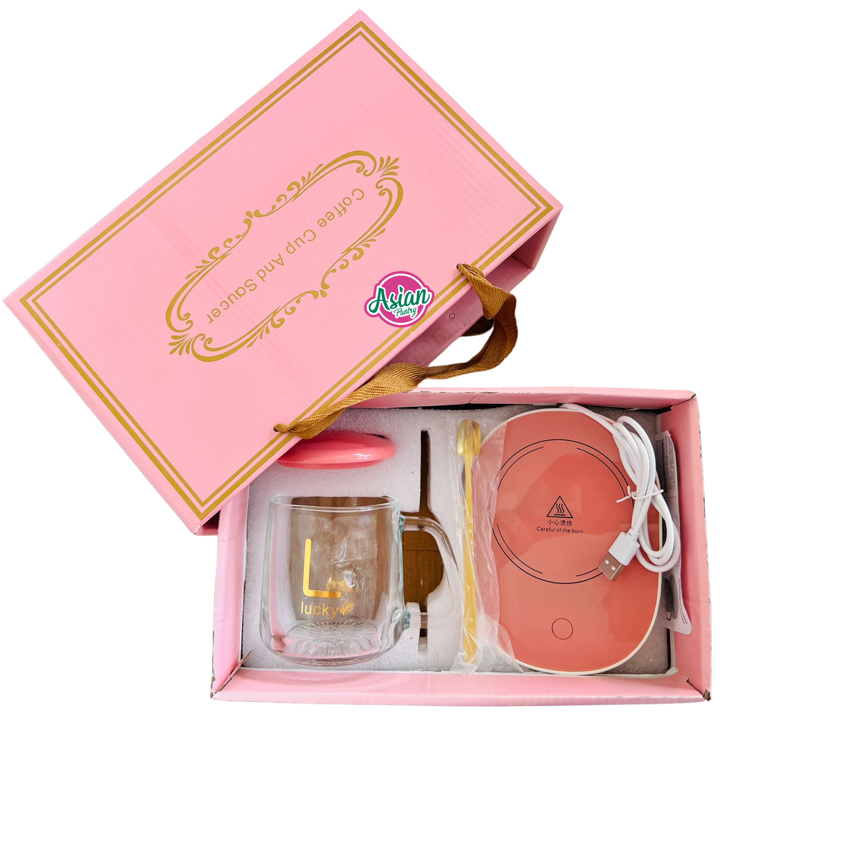 Set Hadiah Mewah Bertuah Pemanas Cawan Kopi - Merah Jambu