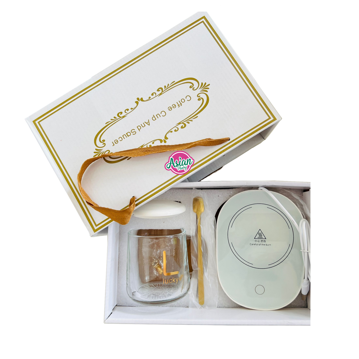 Set Hadiah Mewah Bertuah Pemanas Cawan Kopi- Putih