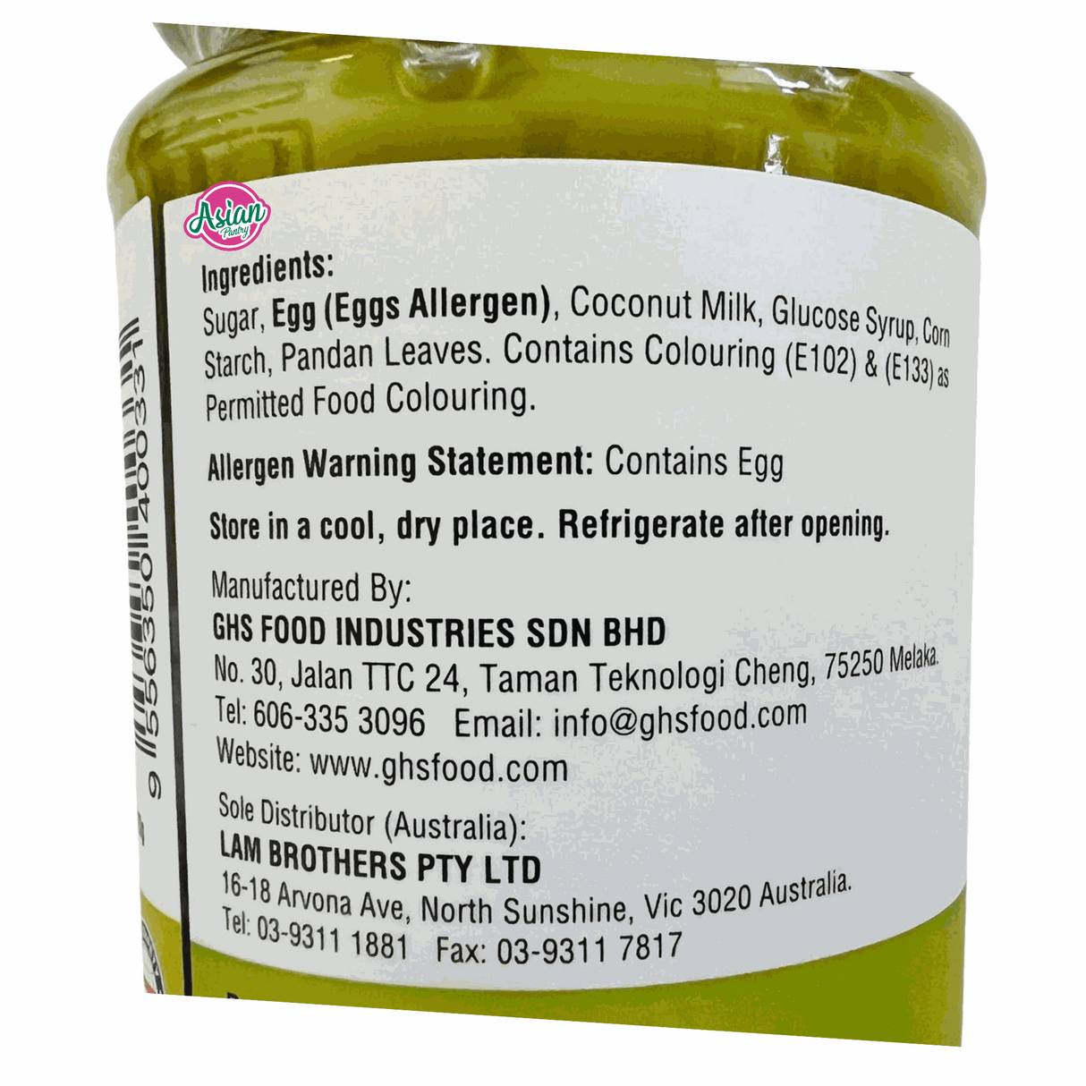 Heng's Nyonya Kaya Pandan Jam 420g - Back