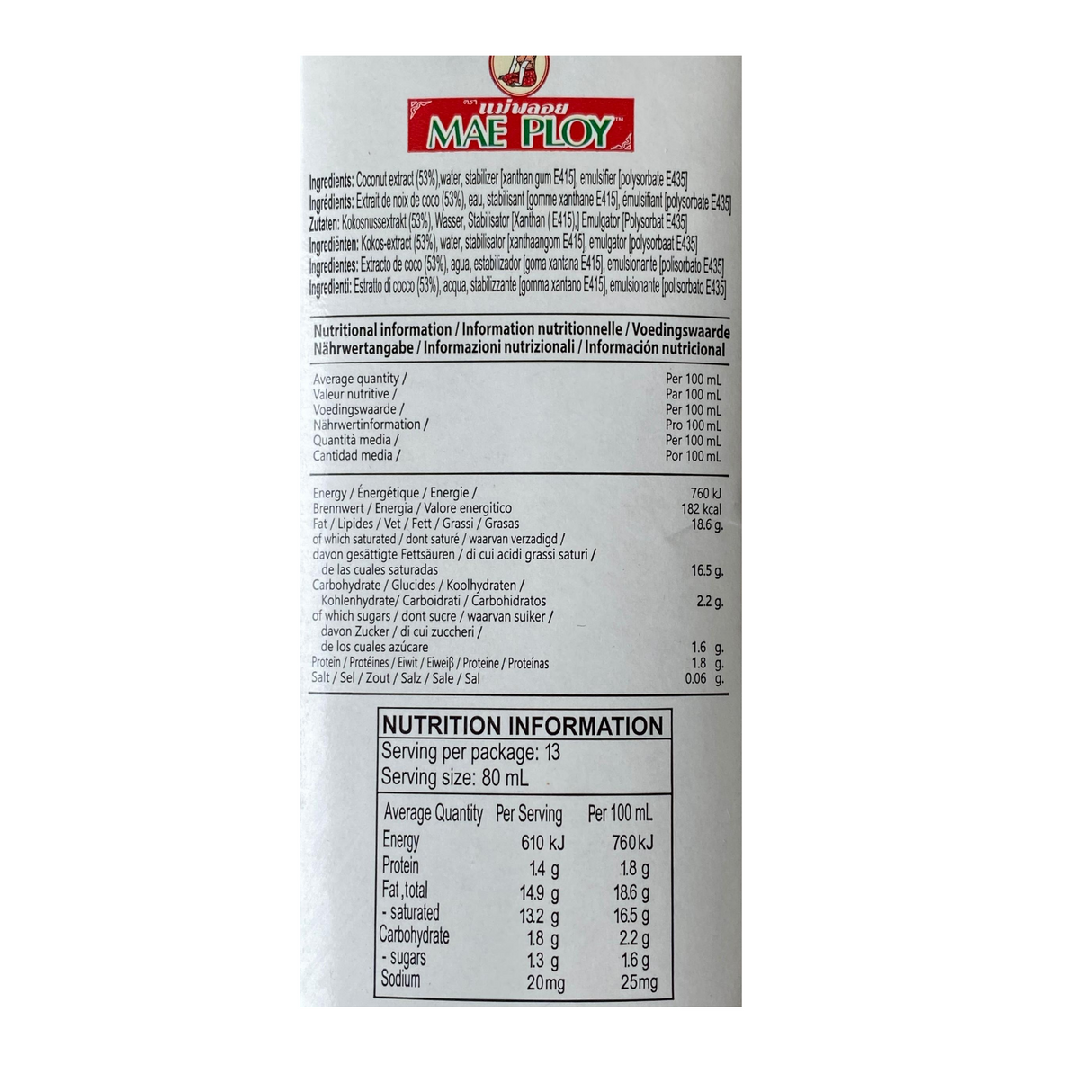 Mae Ploy Coconut Milk 1000ml - Back