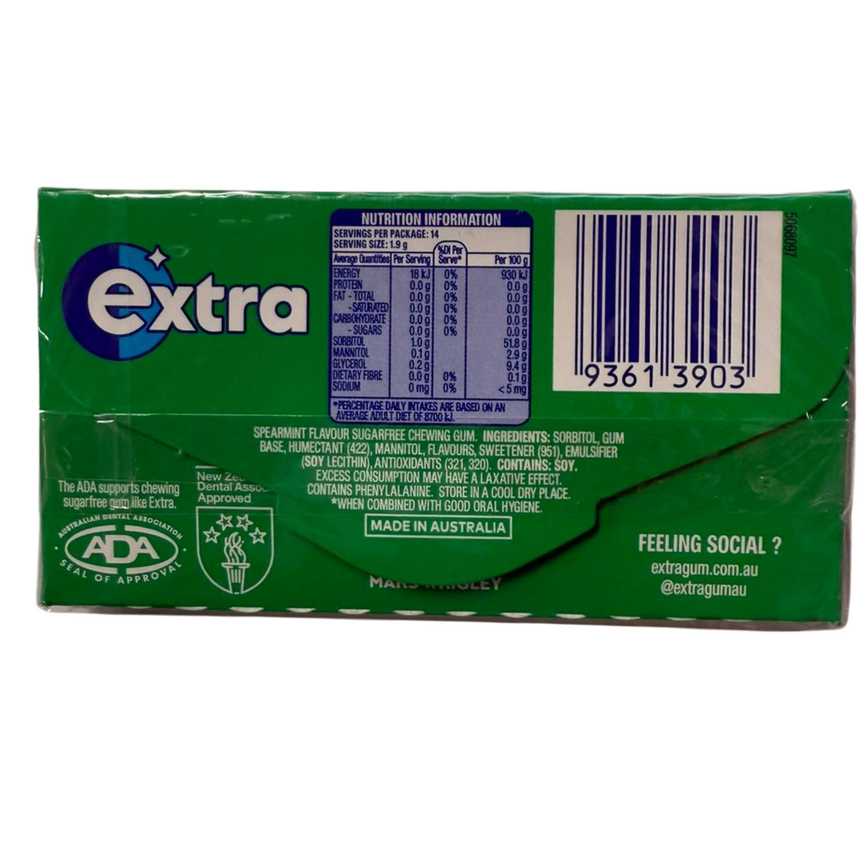 Wrigley's Extra Sugarfree Spearmint 14pcs 27g (BBD: 08/2025)