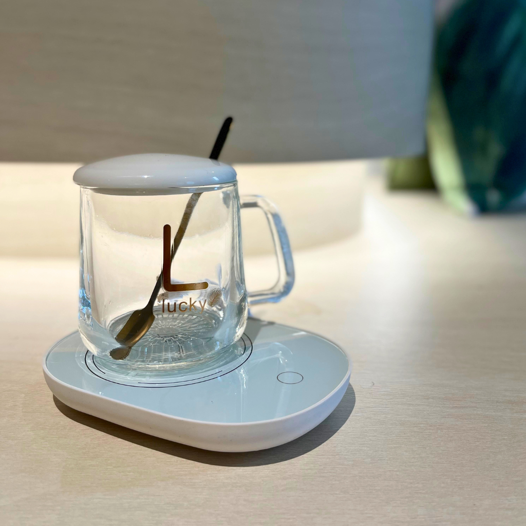 Set Hadiah Mewah Bertuah Pemanas Cawan Kopi- Putih