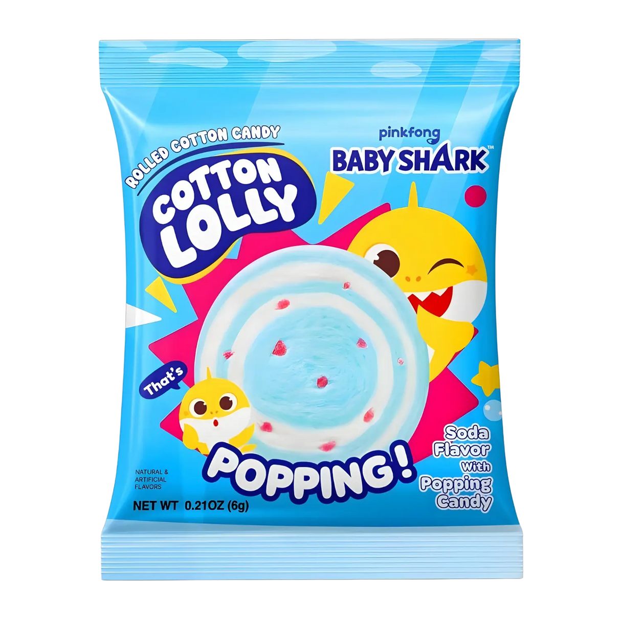 Cotton Lolly Rolled Cotton Candy Baby Shark Soda Flavour with Popping Candy 6g