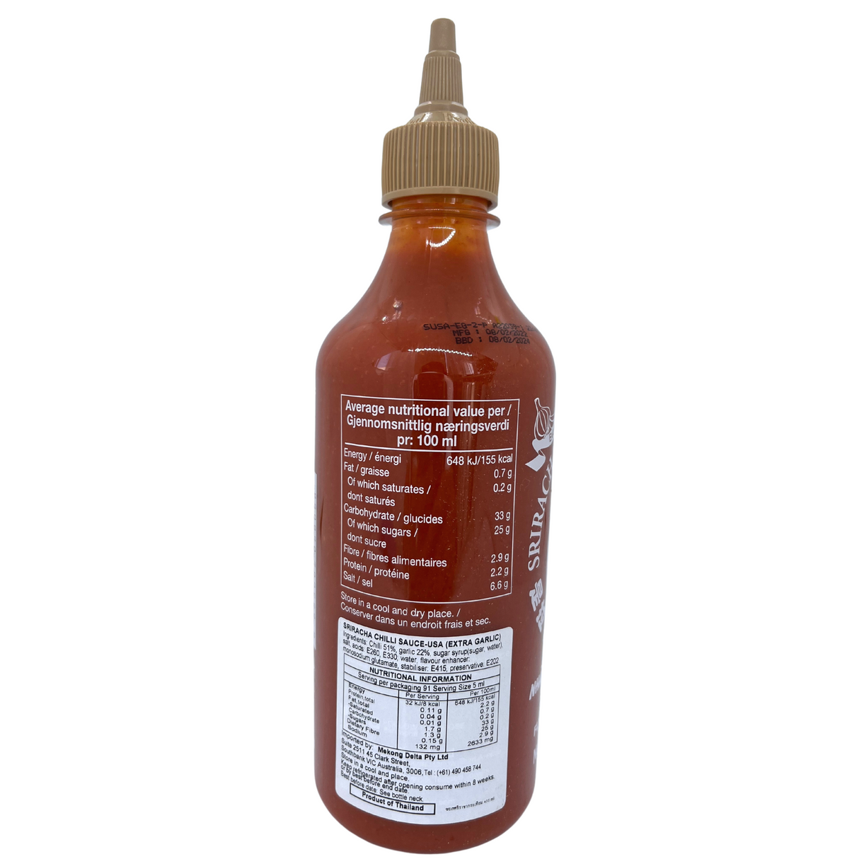 Flying Goose Sriracha Hot Chilli Sauce With Extra Garlic 455ml - Back