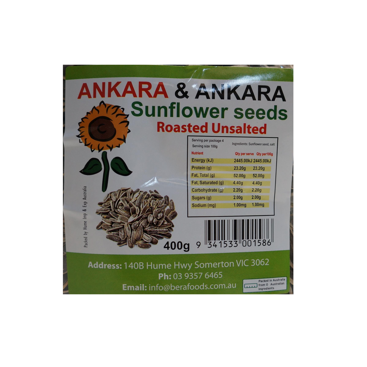 Ankara Sunflower Seeds Roasted Unsalted 400g - Back