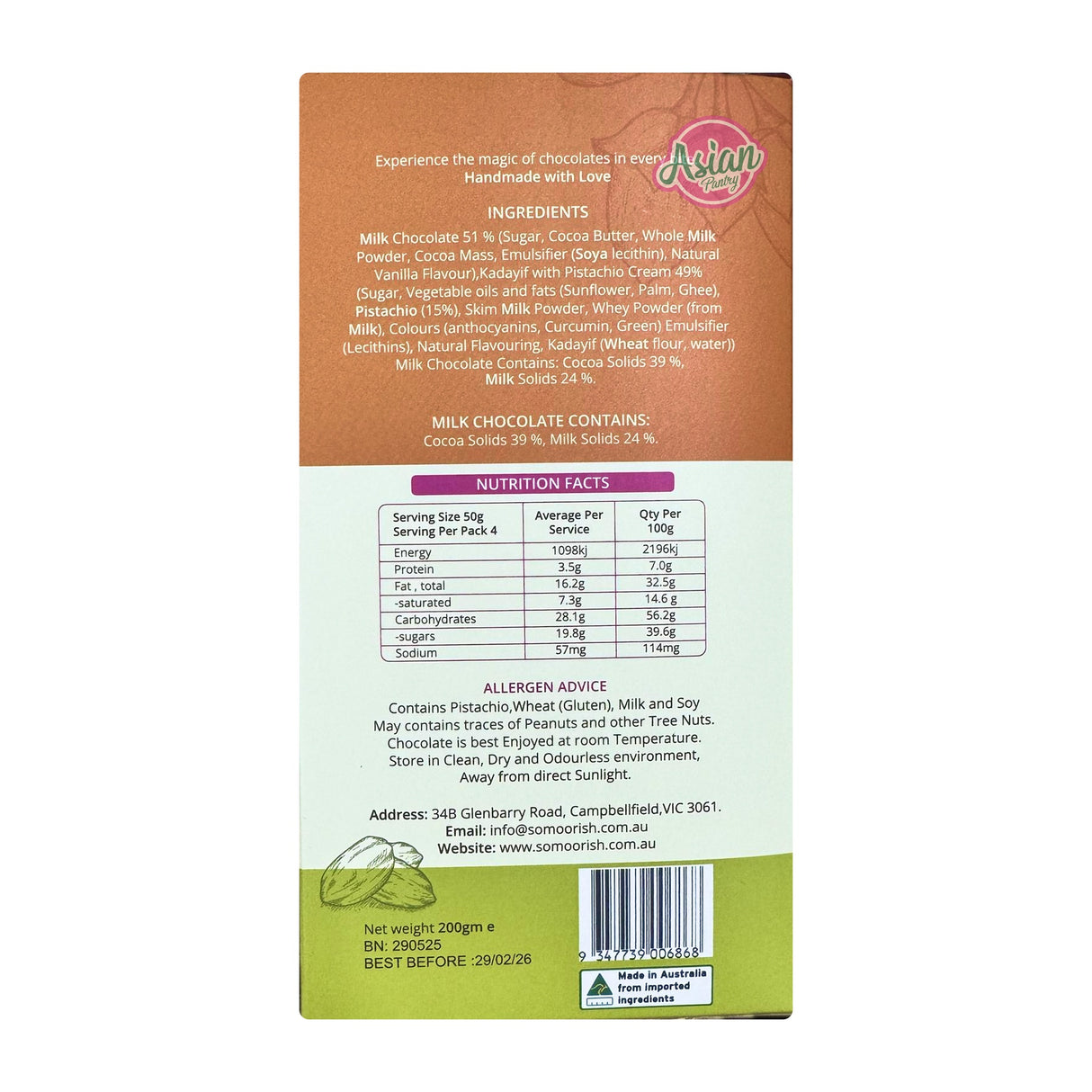 SoMoorish Dubai Chocolate 200g (BBD: 01/03/2026) - Back