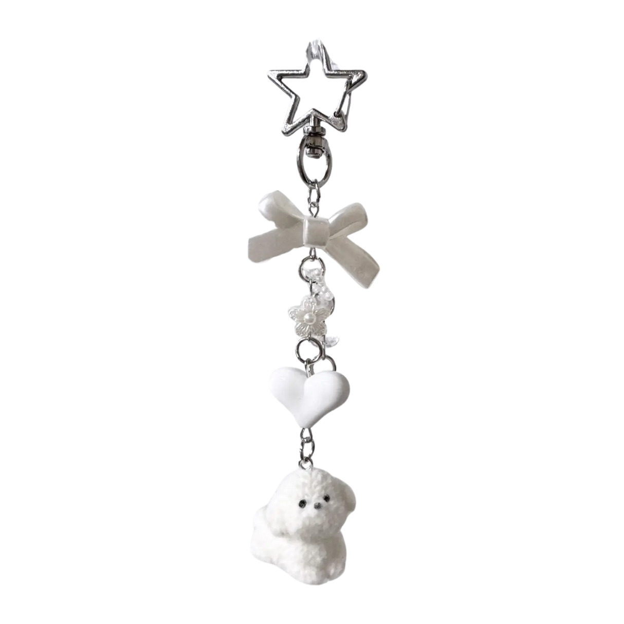Asian Pantry Cute White Dog Phone Chain, Bag Charm with White Bow