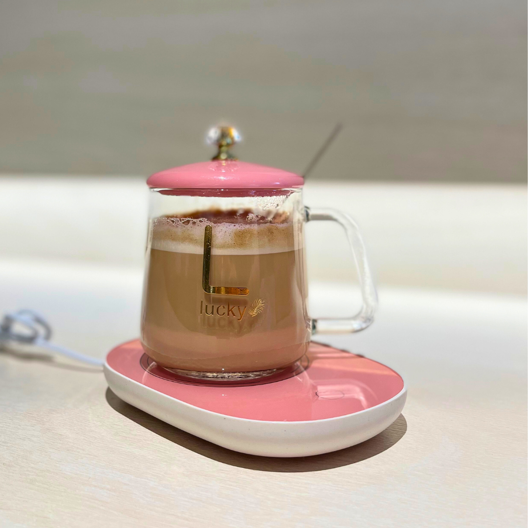 Set Hadiah Mewah Bertuah Pemanas Cawan Kopi - Merah Jambu