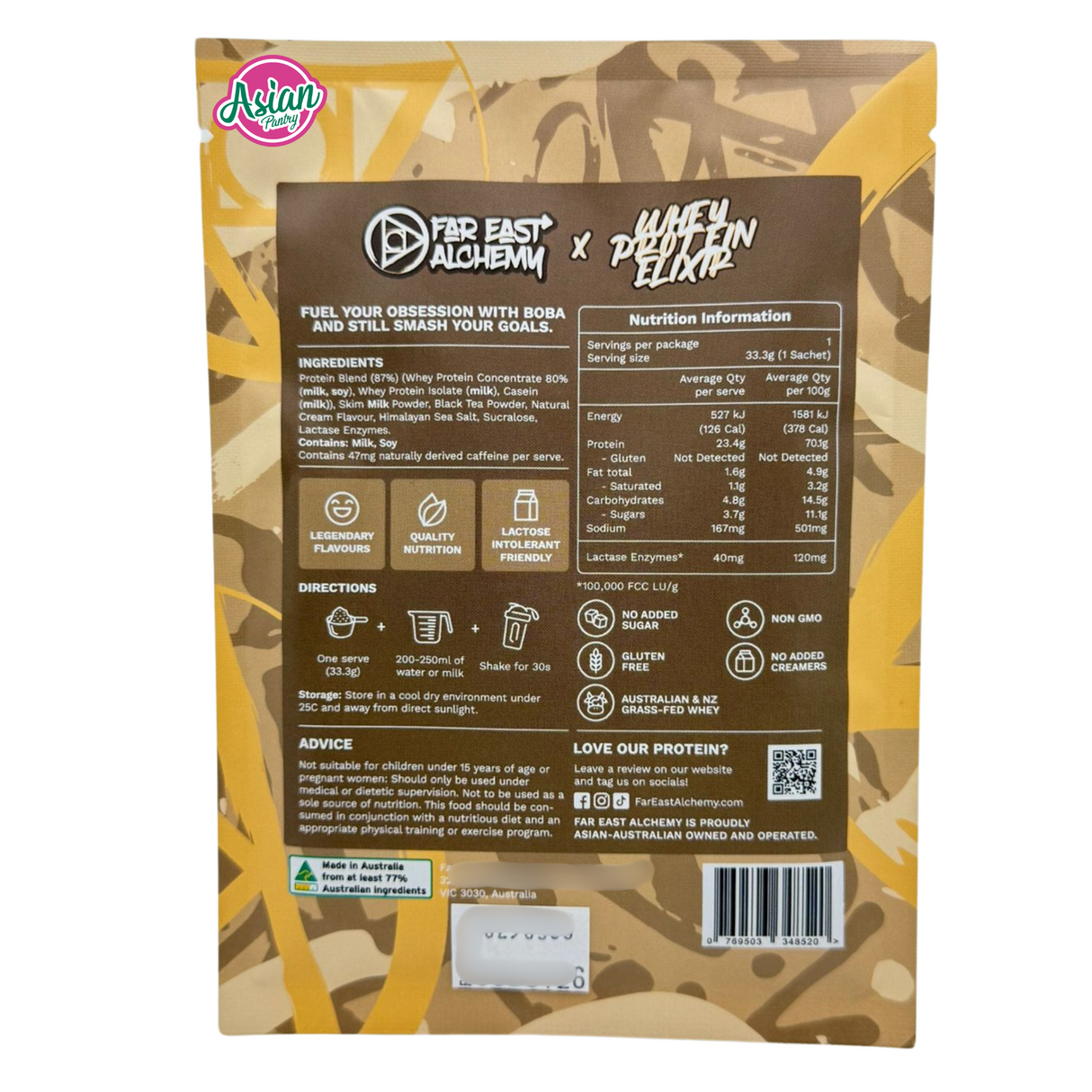 Far East Alchemy Whey Protein Elixir Brown Sugar Milk Tea (Single Serve) 33g - Back