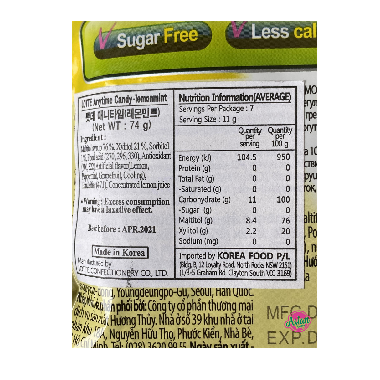 Lotte Anytime Candy Lemon Mint 74g