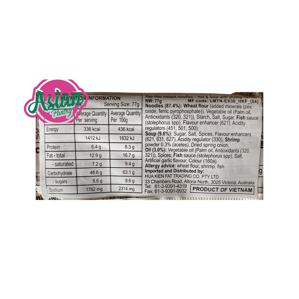 Acecook Hao Hao Mee Masam Perisa Udang Panas 77g