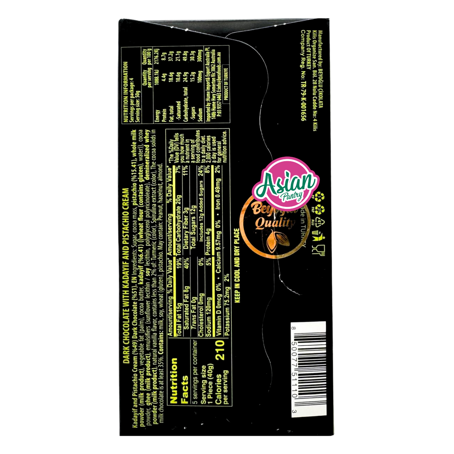 Beyoglu Dubaco Dubai Pistachio Dark Chocolate 200g