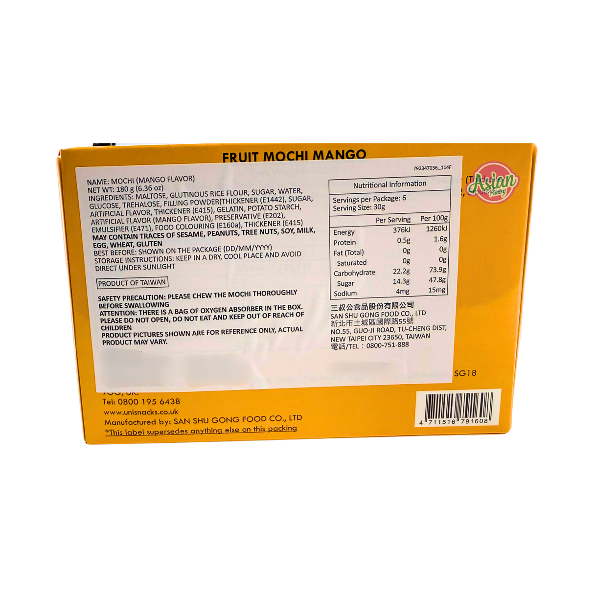 Yuki & Love Fruity Mochi - Mango Flavour 180g - Back