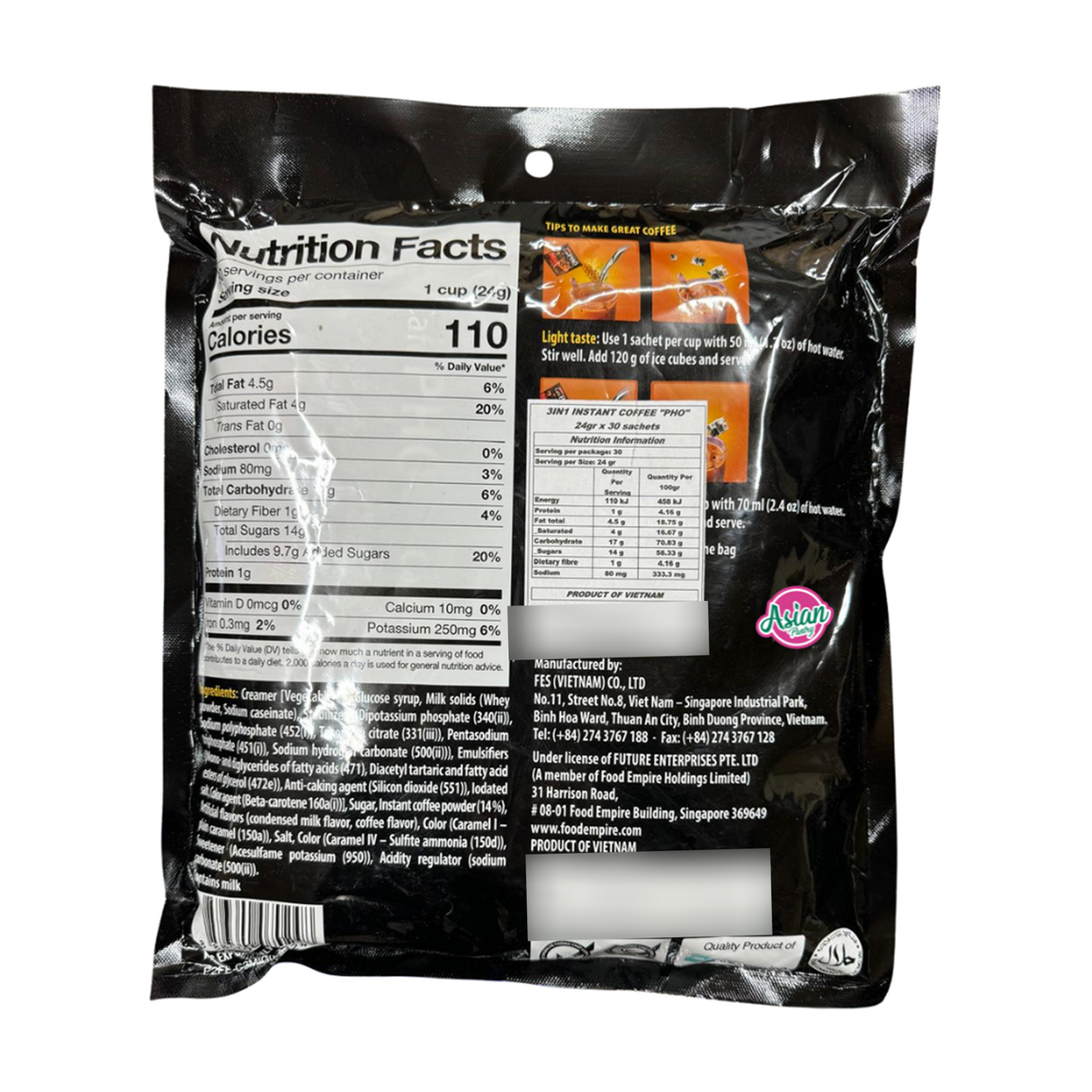 Cafe Pho Instant Vietnamese Coffee 3in1 Cà Phê Sữa Đá (30 Sachets) 720G - Back
