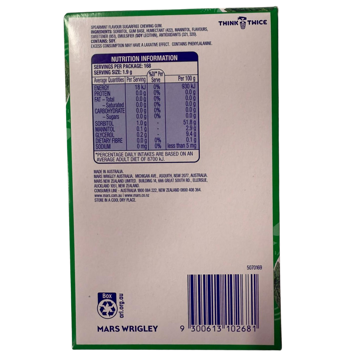 Wrigley's Extra Sugarfree Spearmint 14pcs 27g (BBD: 08/2025)