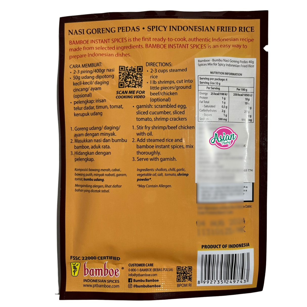 Bamboe Nasi Goreng Pedas (Spice Mix for Spicy Indonesian Fried Rice) 40g - Back