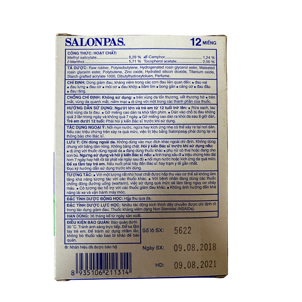 Salonpas Plaster VIETNAM 12patches Back