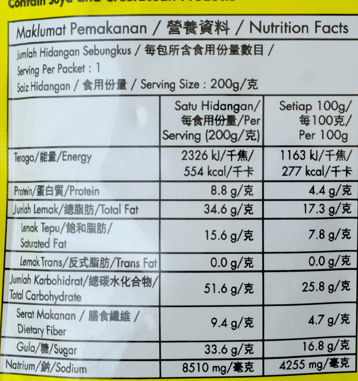Tean's Gourmet Paste for Curry Laksa 200g Nutritional Information & Ingredients