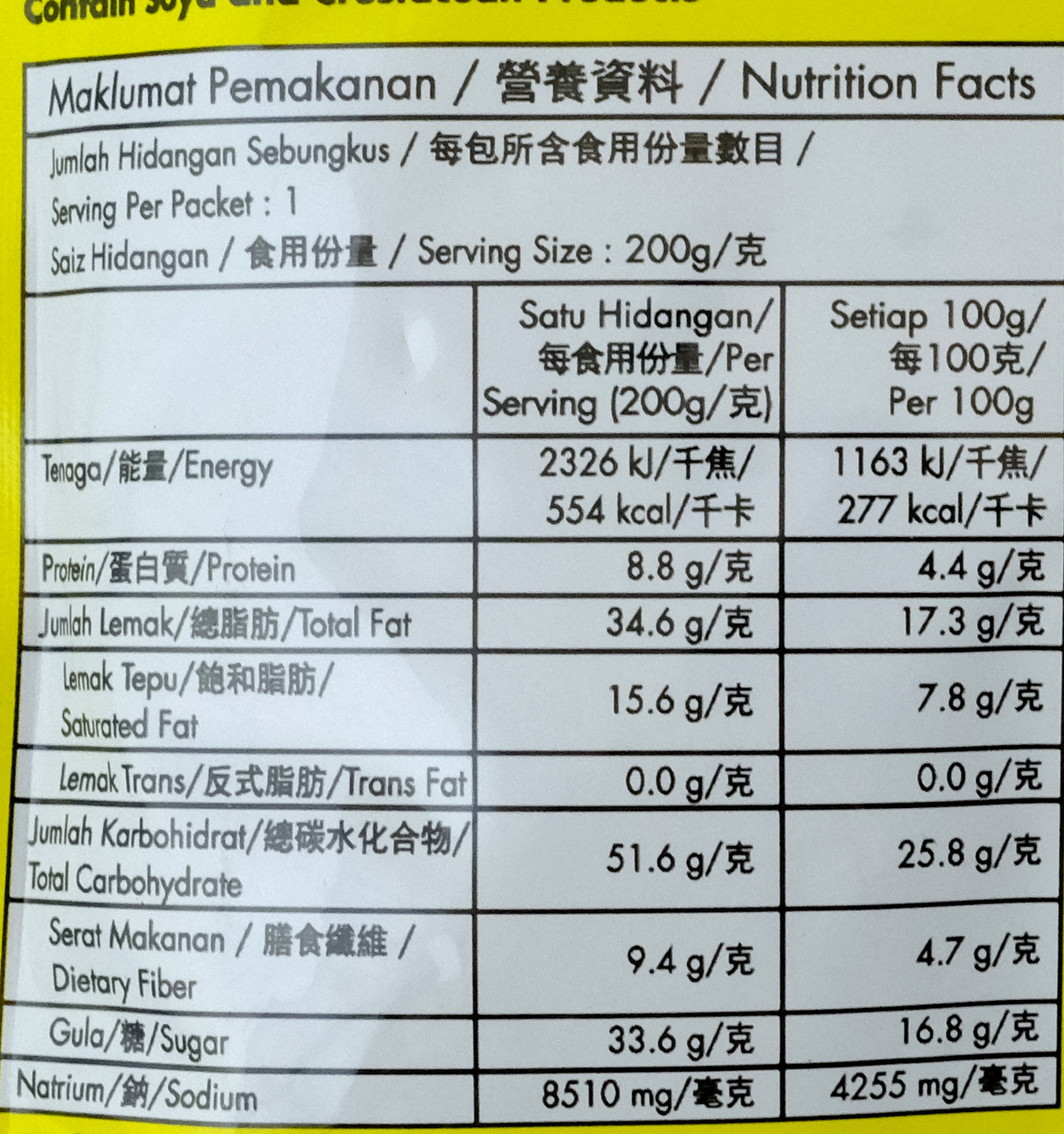 Tean's Gourmet Paste for Curry Laksa 200g Nutritional Information & Ingredients