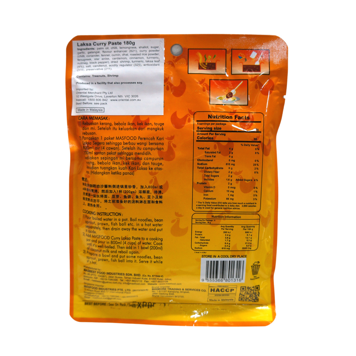 MasFood Curry Laksa Paste 180g Back