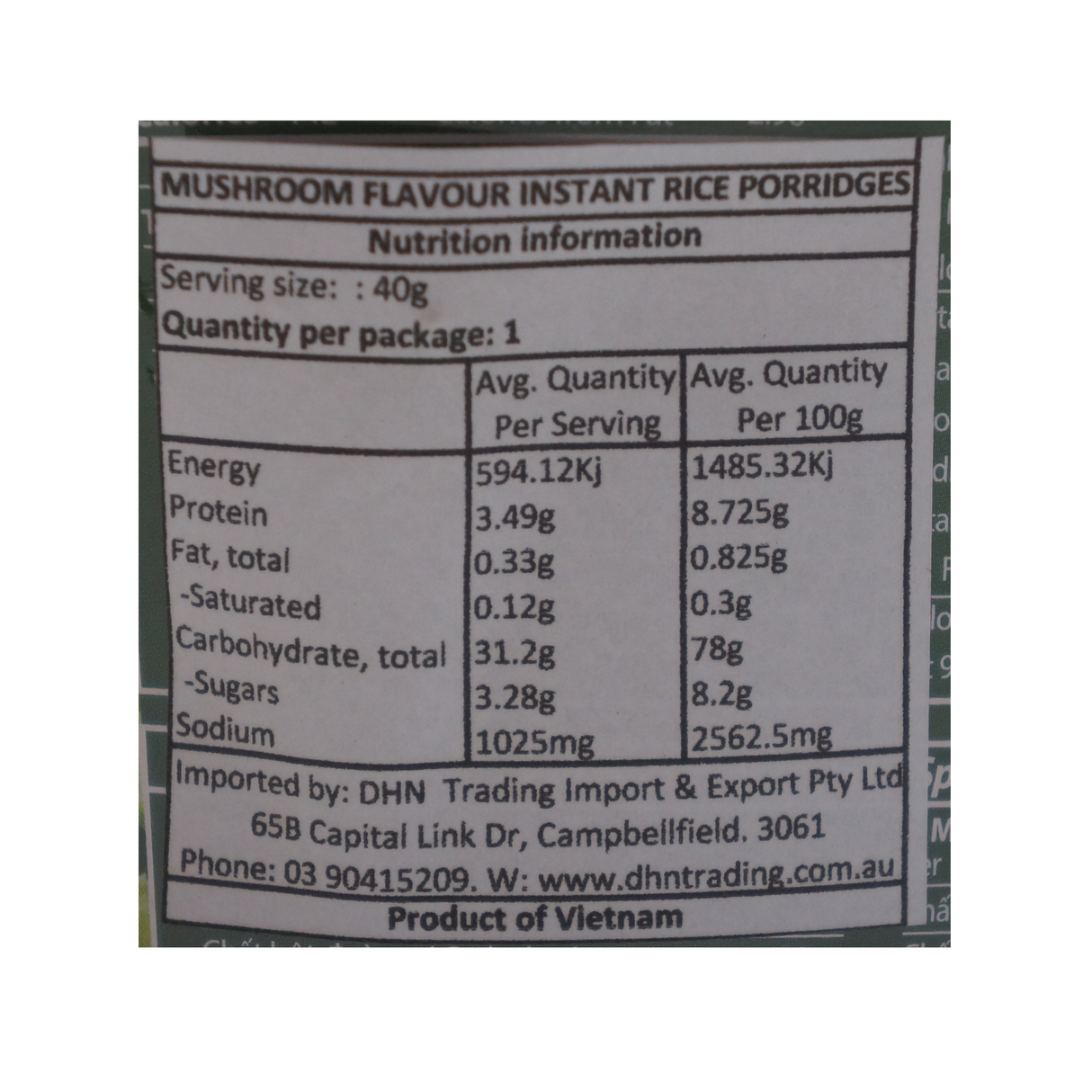 Chao Nam Instant Porridge Bowl Mushroom Flavour 40g Nutritional Information & Ingredients