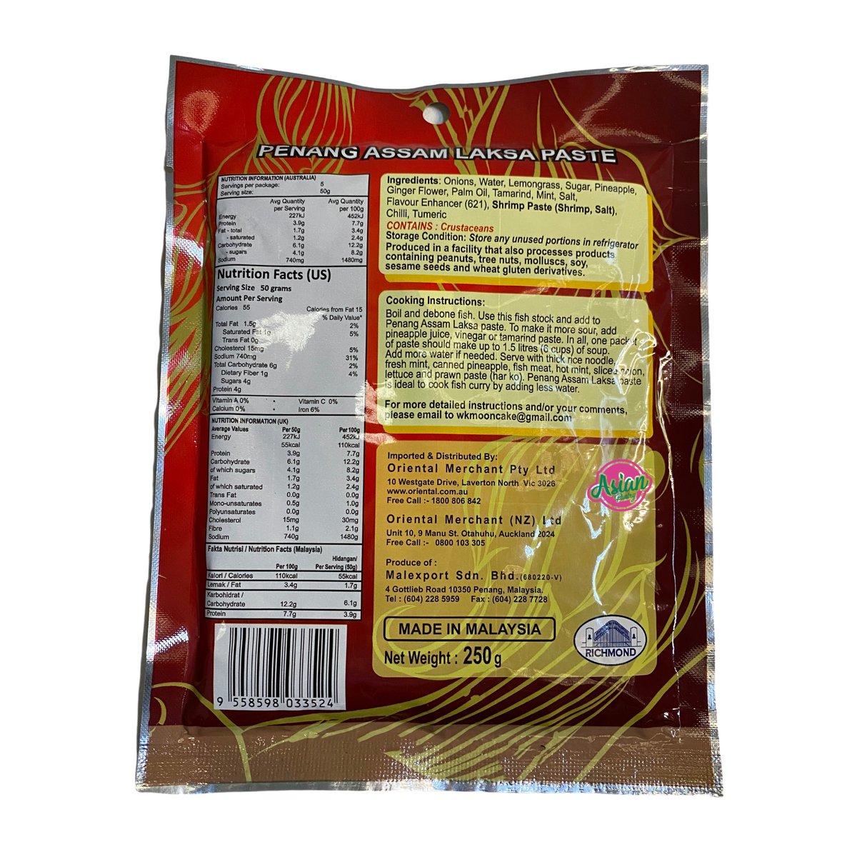 Richmond Brand Penang Assam Laksa Paste 250g Back