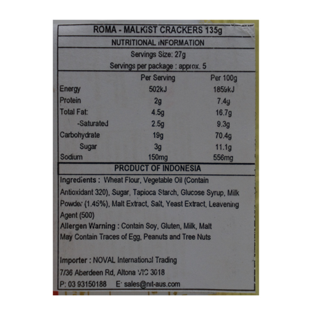 Roma Malkist Crackers 135g Back