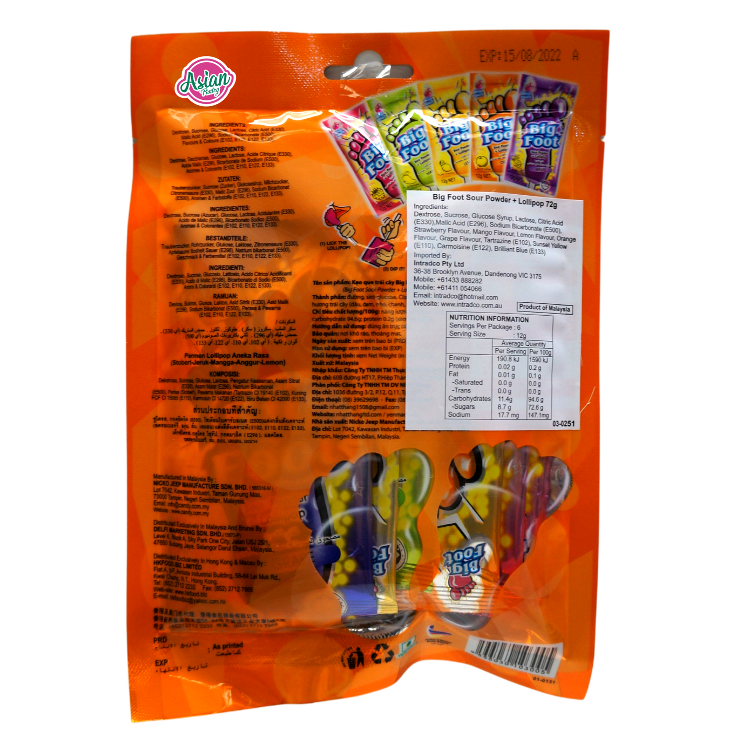 Big Foot Sour Powder and Lollipops 6pc 72g Back