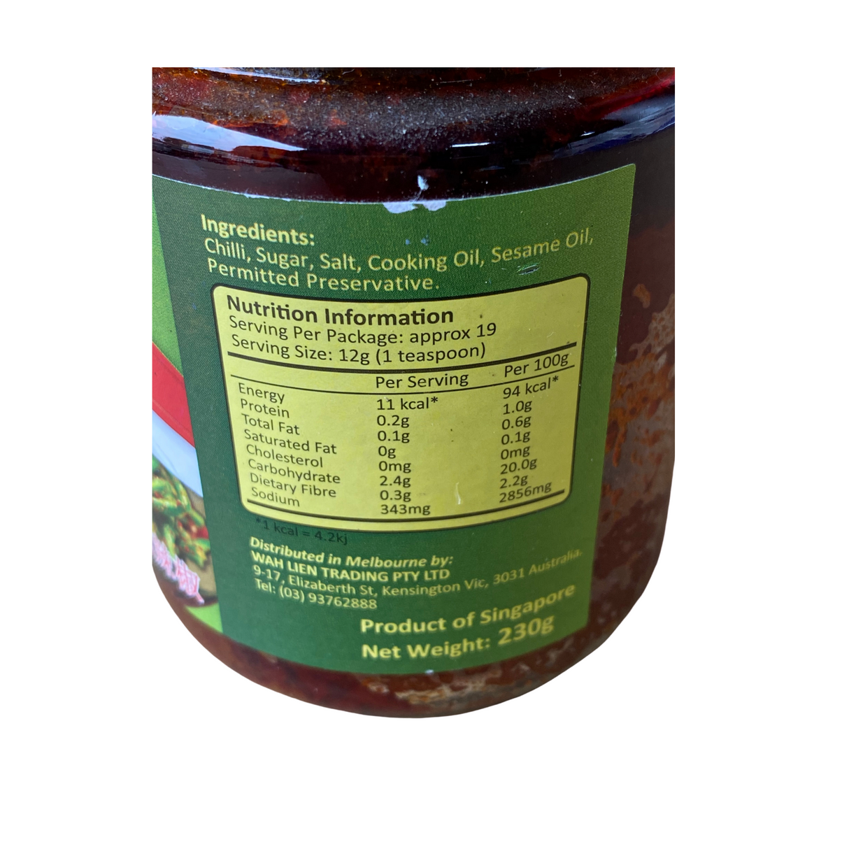 Singlong Vegetarian Sambal Chilli 230g Nutritional Information & Ingredients