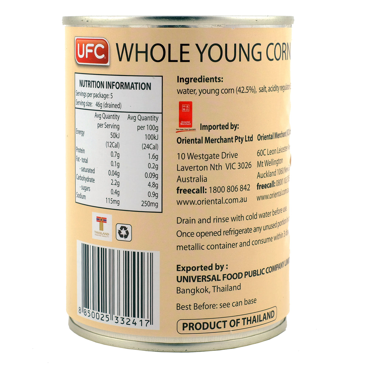 UFC Whole Young Corn 540g Back