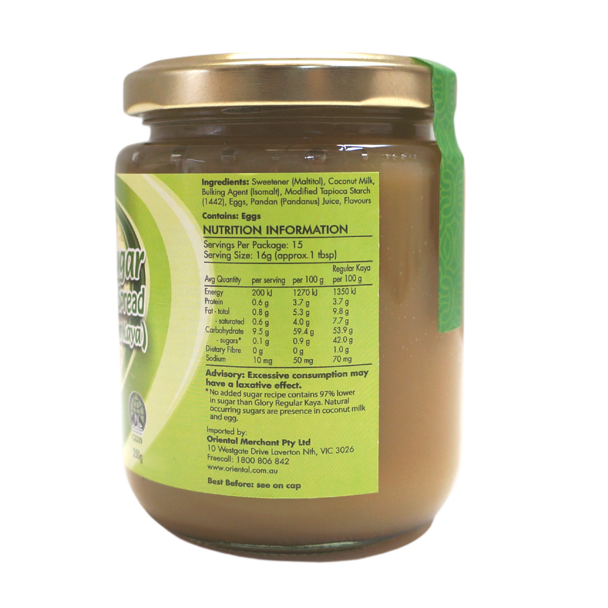Glory No Added Sugar Coconut Kaya Spread 250g Back