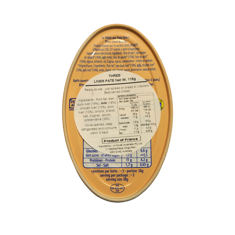 Henaff Three Liver Pate 116g Nutritional Information & Ingredients