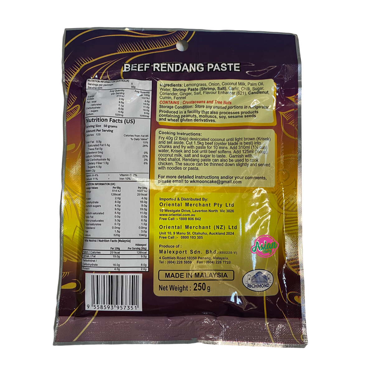 Richmond Brand Beef Rendang Paste 250g Back