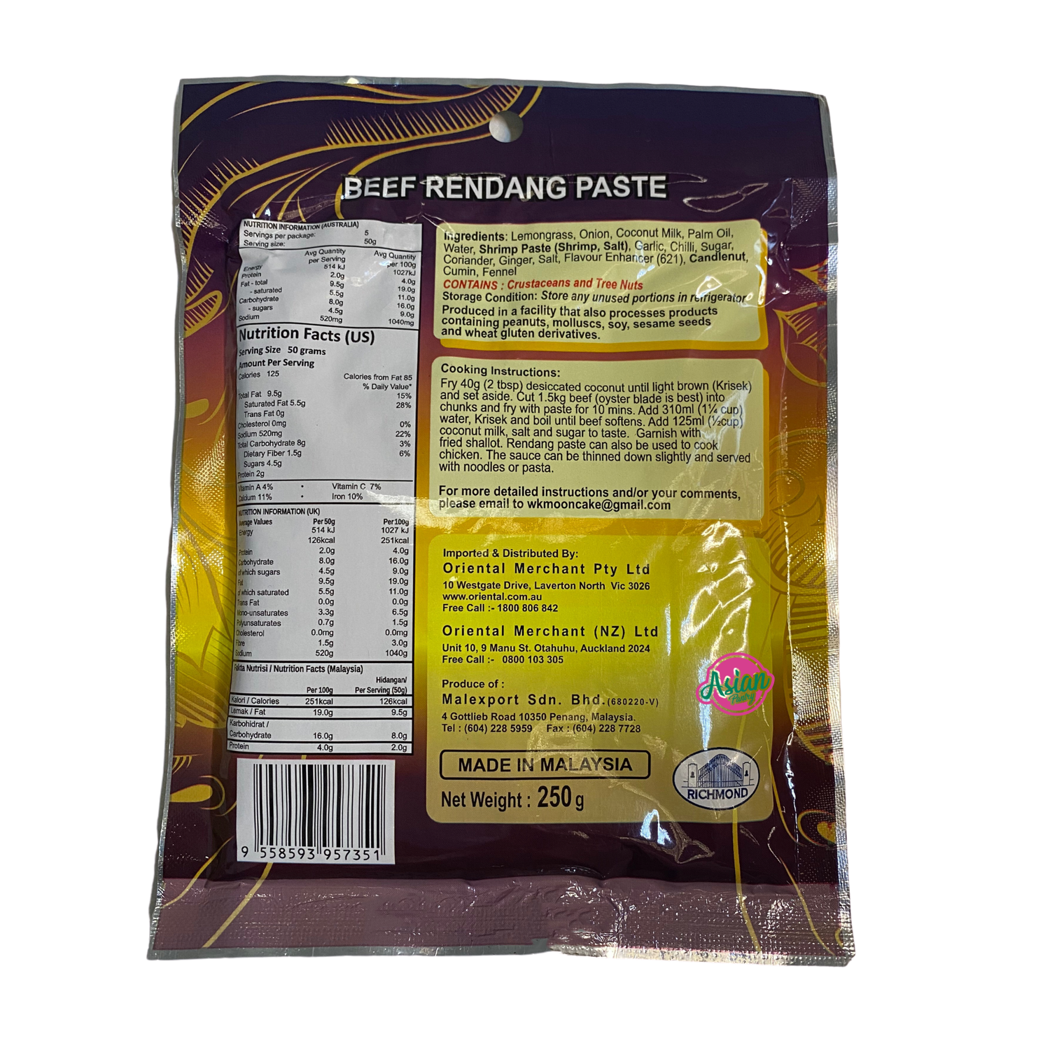 Richmond Brand Beef Rendang Paste 250g Back