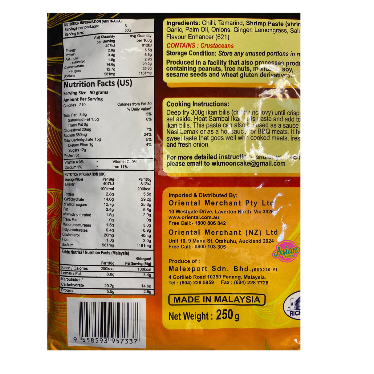 Richmond Brand Sambal Ikan Bilis Paste 250g Nutritional Information & Ingredients