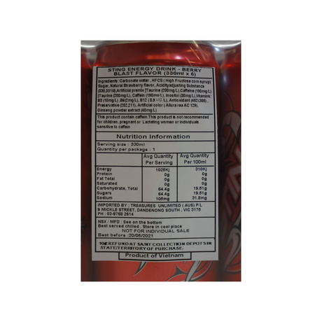 Sting Energy Berry Blast Flavour 6 pack 1980ml Back