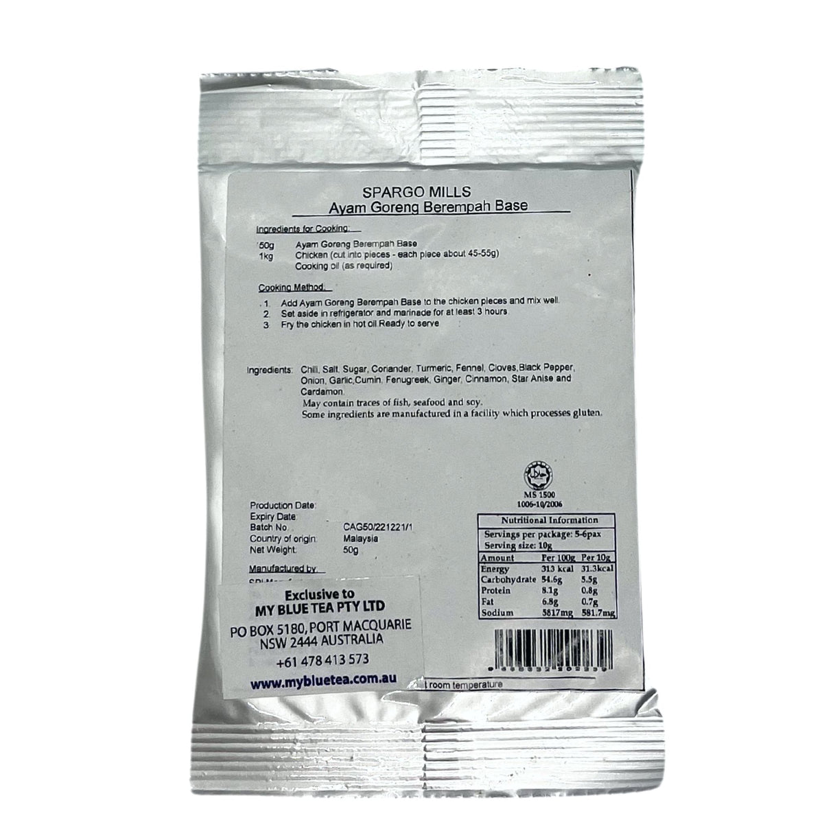 Spargo Mills Ayam Goreng Berempah Spice Fried Chicken 50g Back