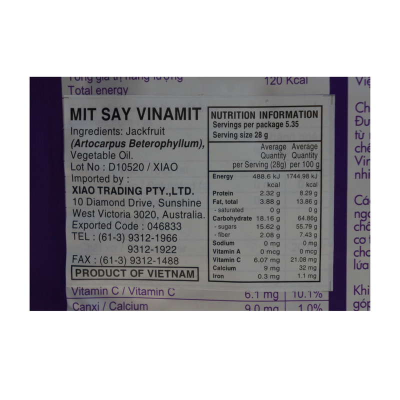 Vinamit Jackfruit Chips 150g Nutritional Information & Ingredients