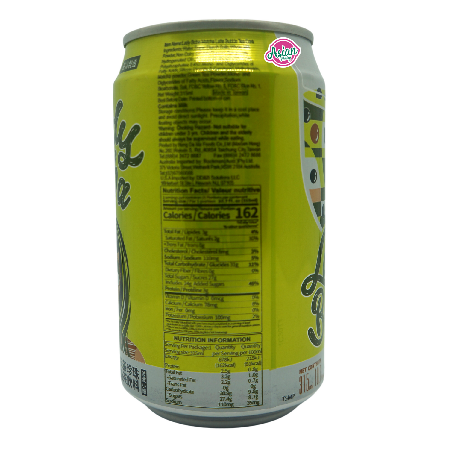 Lady Boba Matcha Latte Bubble Tea 315ml Back
