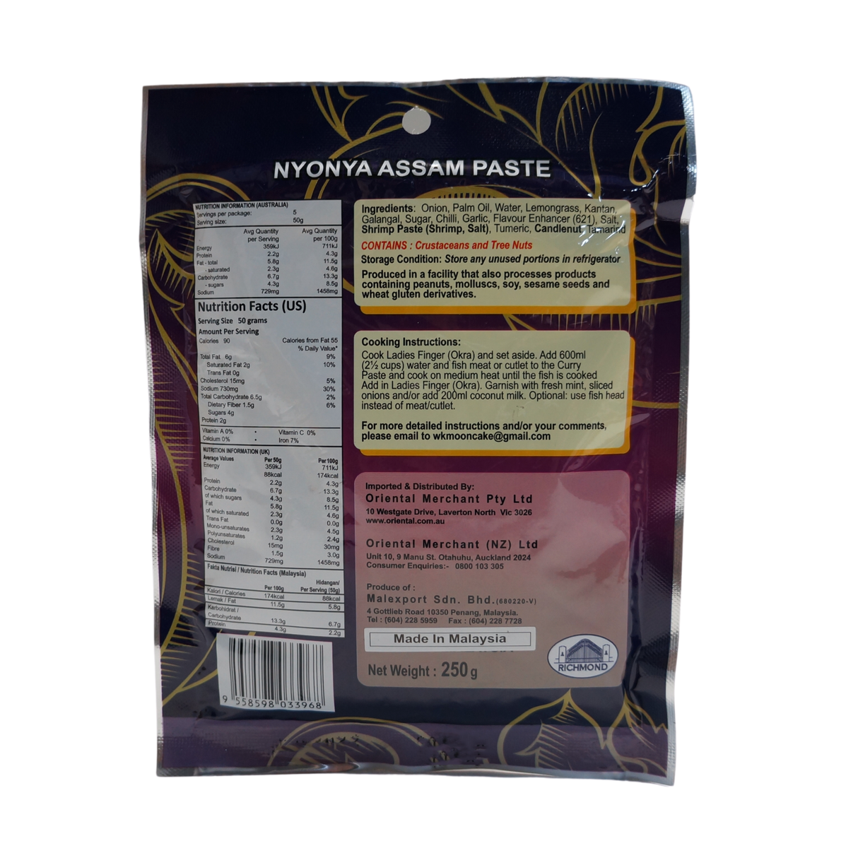 Richmond Nyonya Assam Paste 250g Back