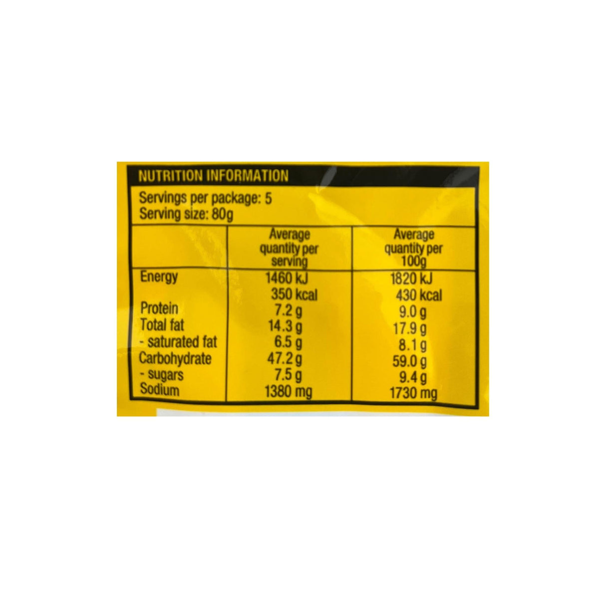 Myojo Mee Goreng Original Noodle 5 pack 400g Nutritional Information & Ingredients