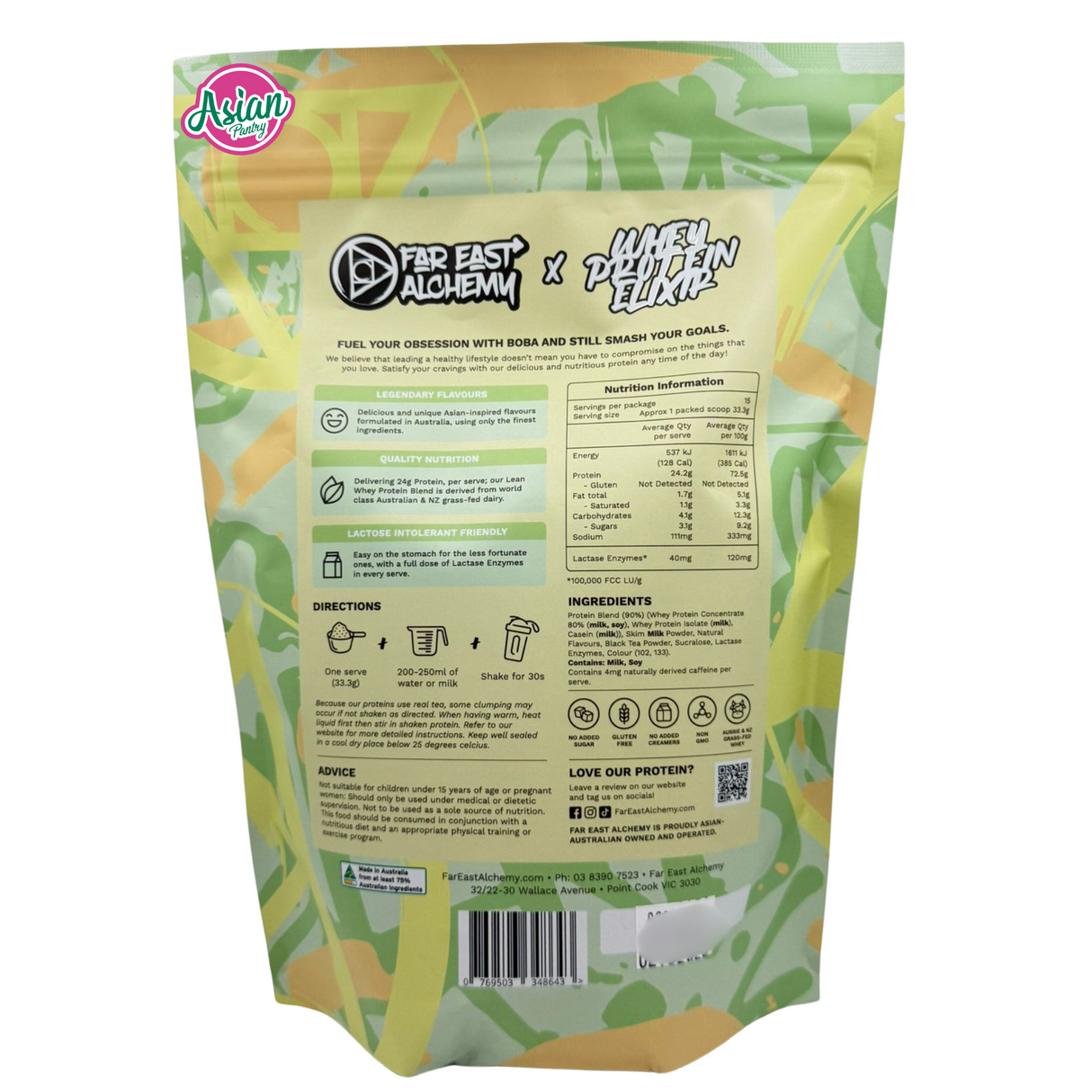 Far East Alchemy Whey Protein Elixir Honeydew Milk Tea 500g - Back