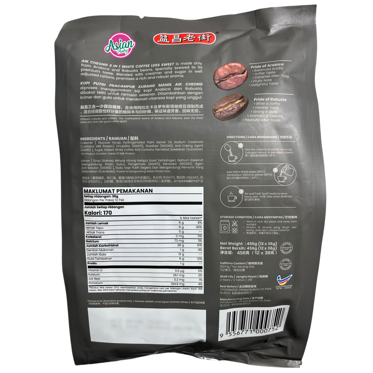 Kopi Putih Aik Cheong 3 dalam 1 Kurang Gula 12 Sachet 456g