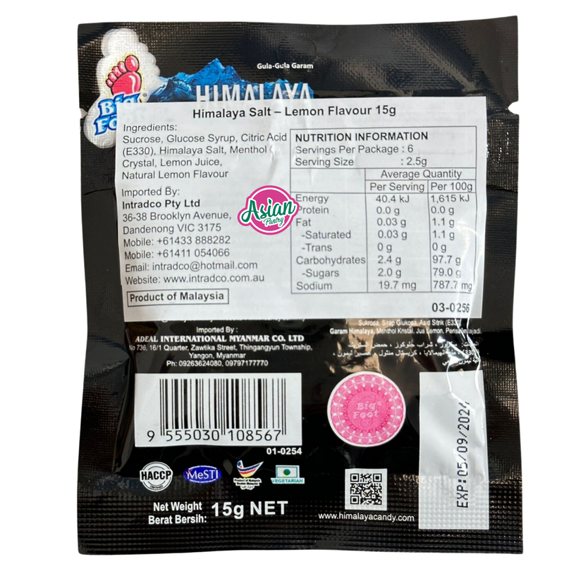 Buy Big Foot Himalaya Salt Mint Candy Lemon Flavour (Extra Cool) 15g (Box  of 12) - Malaysian Supermarket Online UK