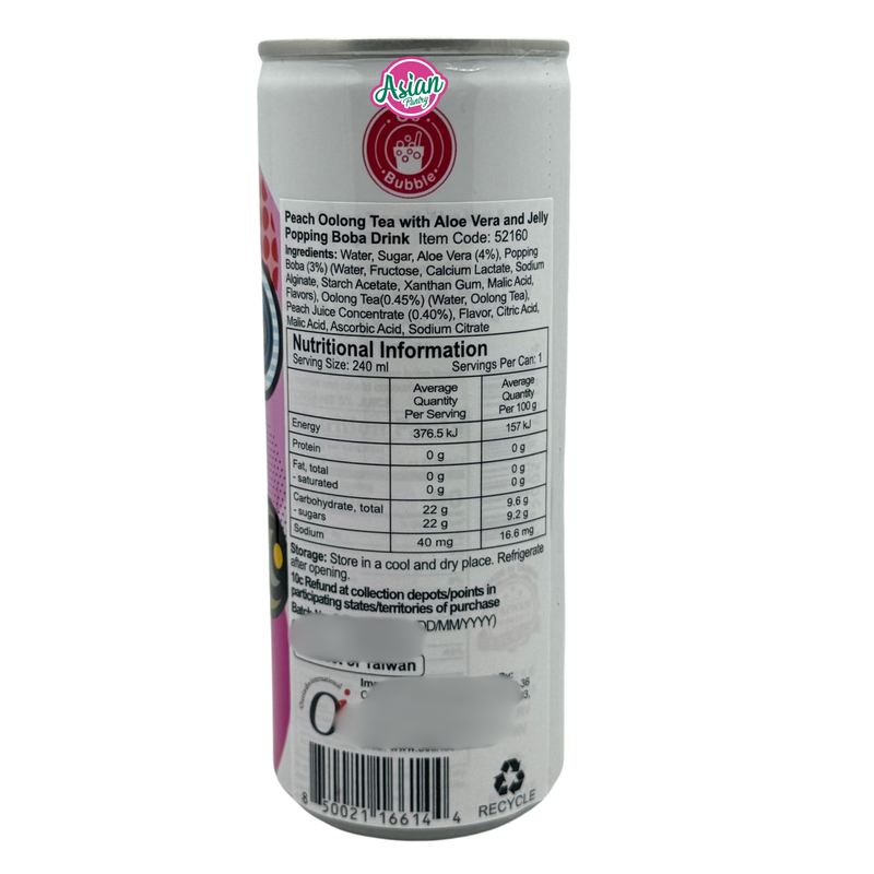O's Bubble Peach Oolong Tea with Aloe Vera and Jelly Popping Boba Drink 240ml